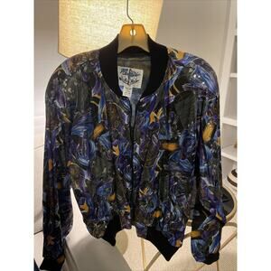 Vintage Pacific I.D. Womens Bomber Jacket Full-Zip Shiny Abstract Print Pockets